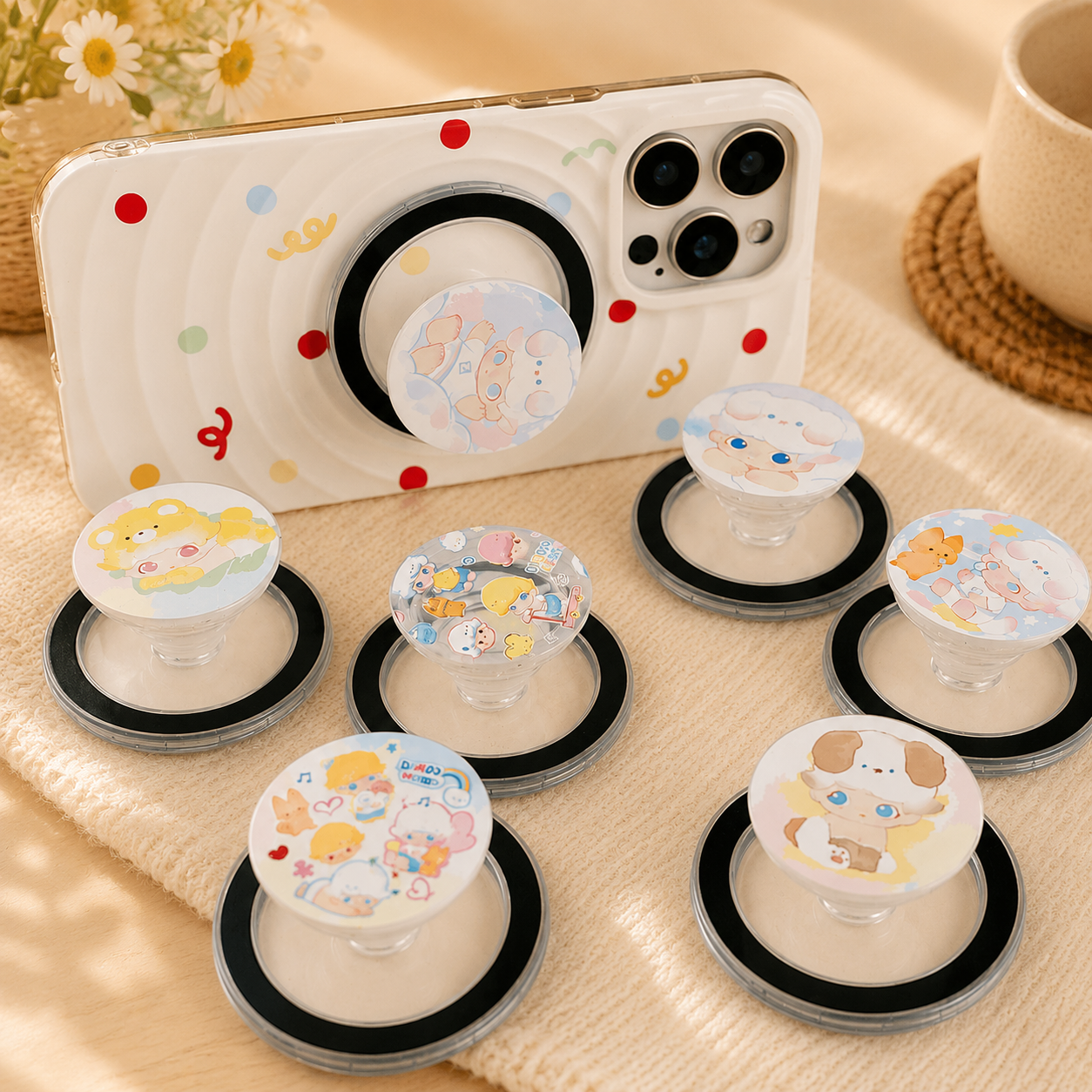 Cute Cartoon Phone Grip Stand, Collapsible Expandable Phone Holder, Adjustable Cell Phone Kickstand for iPhone, Samsung and Most Smartphones
